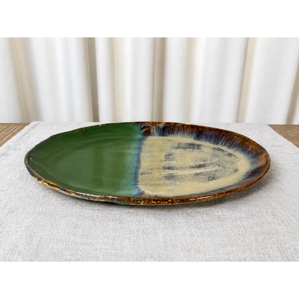 Hand Built Studio Pottery Oval Platter Olive Green Brown Reactive Glaze 12.5"